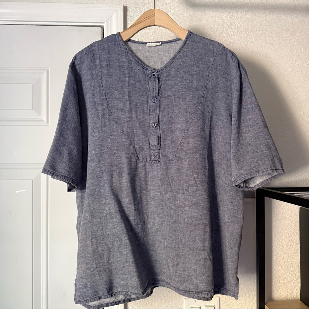 ATELIER DELPHINE blue denim chambray soft boxy short sleeve top shirt blouse